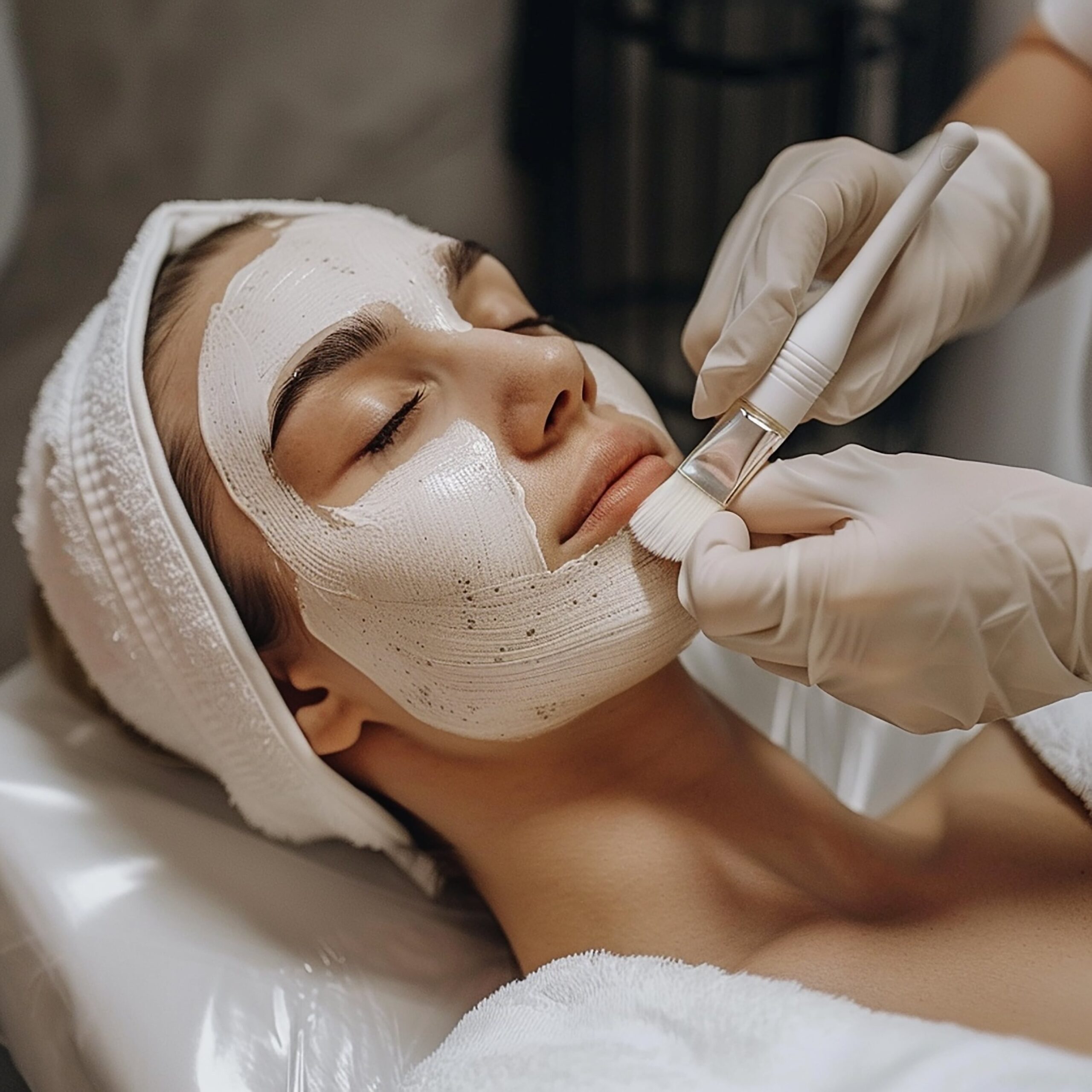 Na imagem, uma mulher realizando peeling facial.